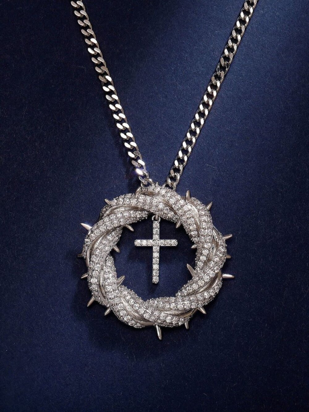 Gold Christian Cross Crown of Thorns Pendant Necklace Faith Statement Jewelry